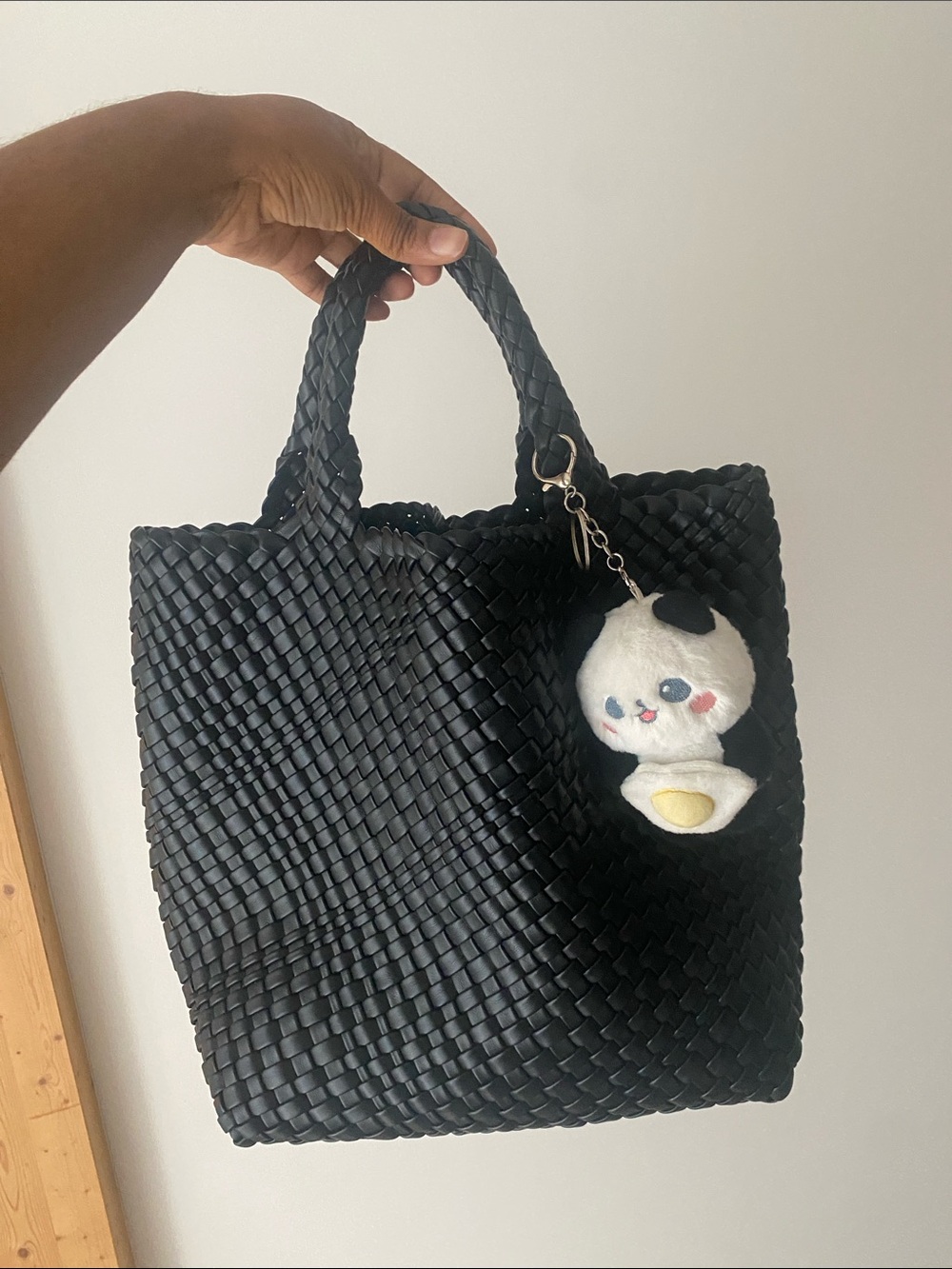 Bottega Veneta inspired Black Woven Tote Bag with Panda Plush Charm